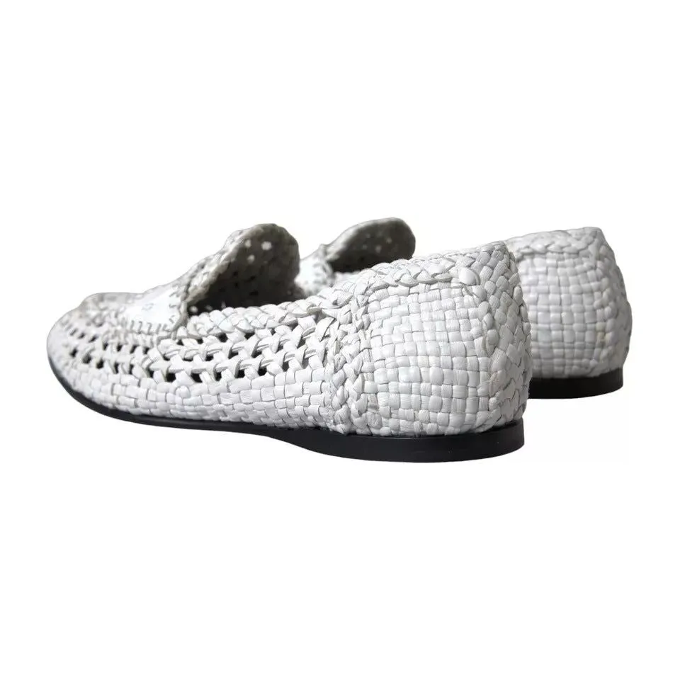 Dolce & Gabbana White Woven Leather Men Slip On Loafers Shoes