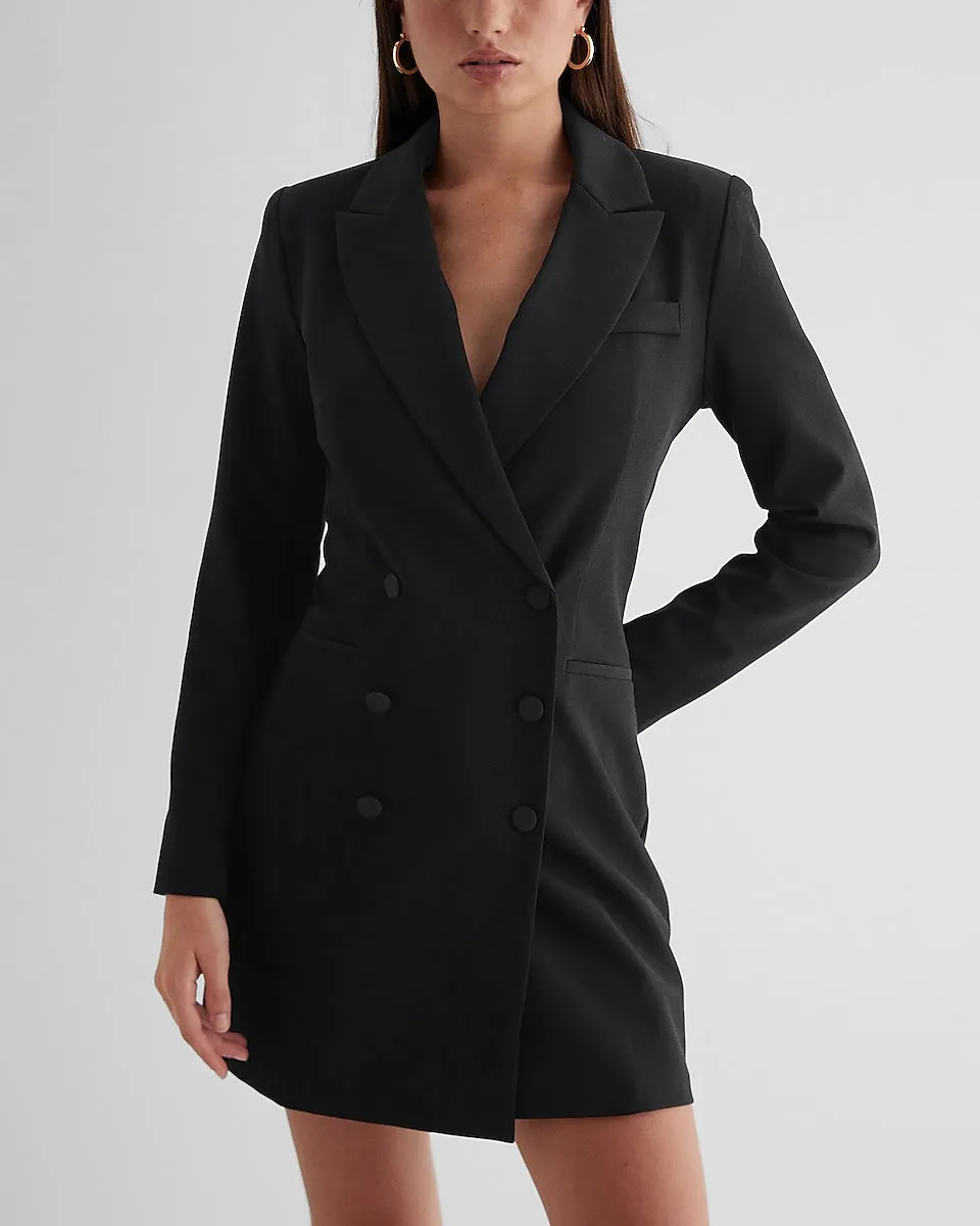 Double Breasted Padded Shoulder Mini Blazer Dress in Pitch Black