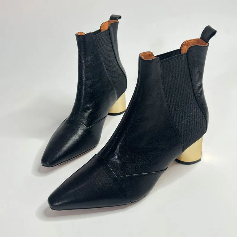 Elastic Band Chelsea Boots Pointed Toe heeled Boots Genuine Leather Pumps Boots/Booties