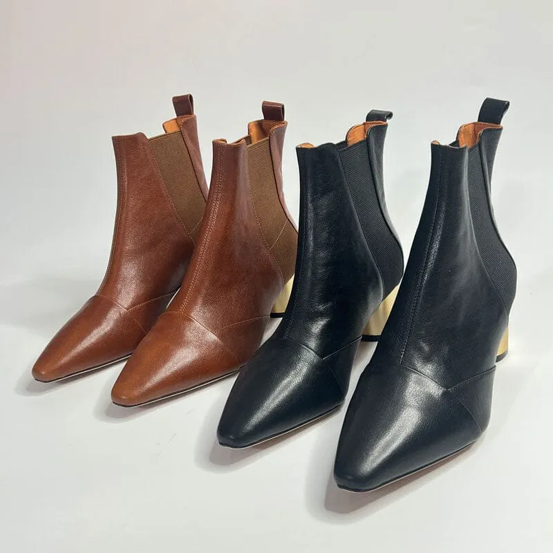 Elastic Band Chelsea Boots Pointed Toe heeled Boots Genuine Leather Pumps Boots/Booties