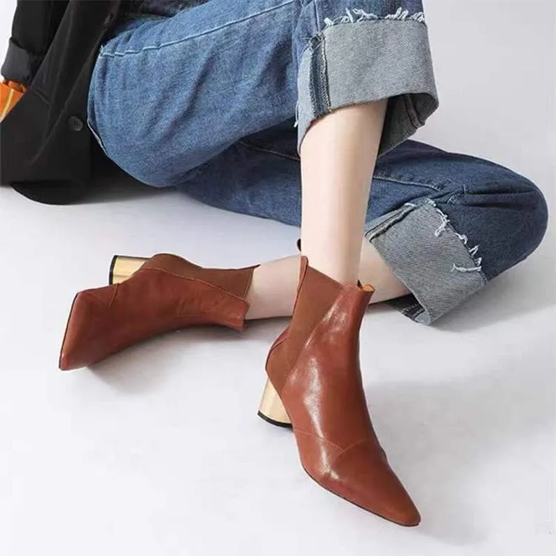 Elastic Band Chelsea Boots Pointed Toe heeled Boots Genuine Leather Pumps Boots/Booties