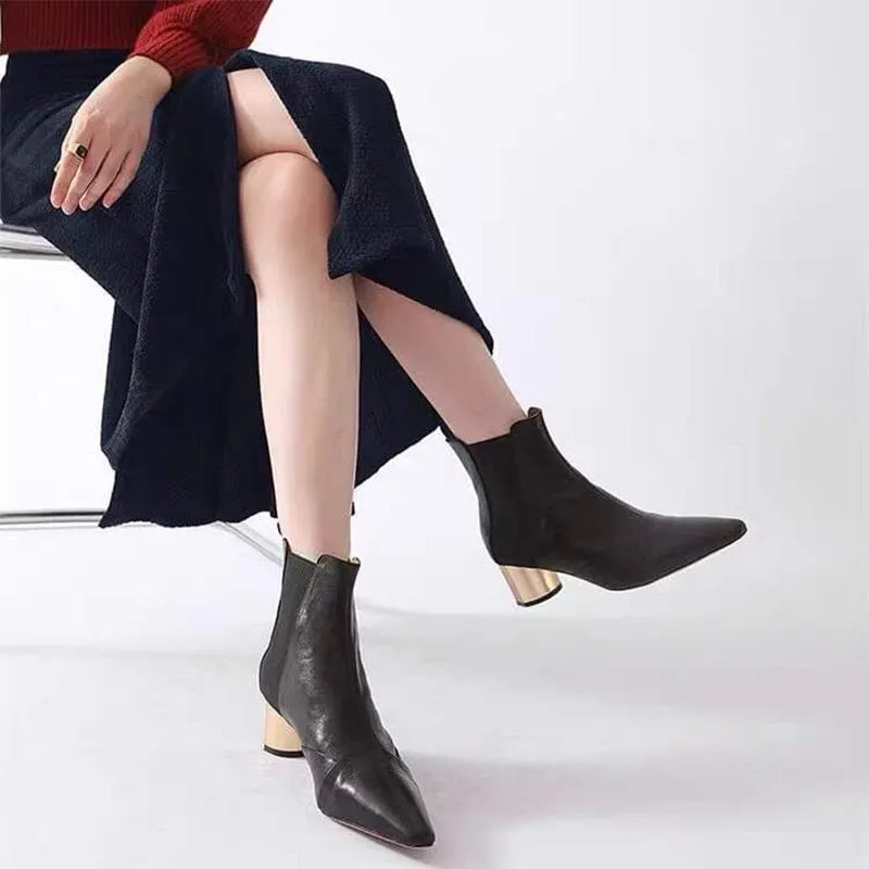 Elastic Band Chelsea Boots Pointed Toe heeled Boots Genuine Leather Pumps Boots/Booties