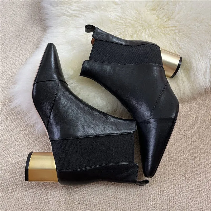 Elastic Band Chelsea Boots Pointed Toe heeled Boots Genuine Leather Pumps Boots/Booties