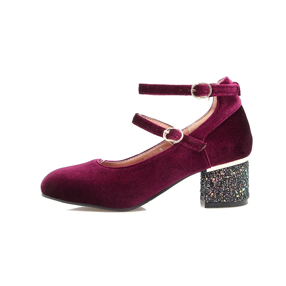 Elin Sequined Heel Mary Jane Velvet Pump - 3 Colors.