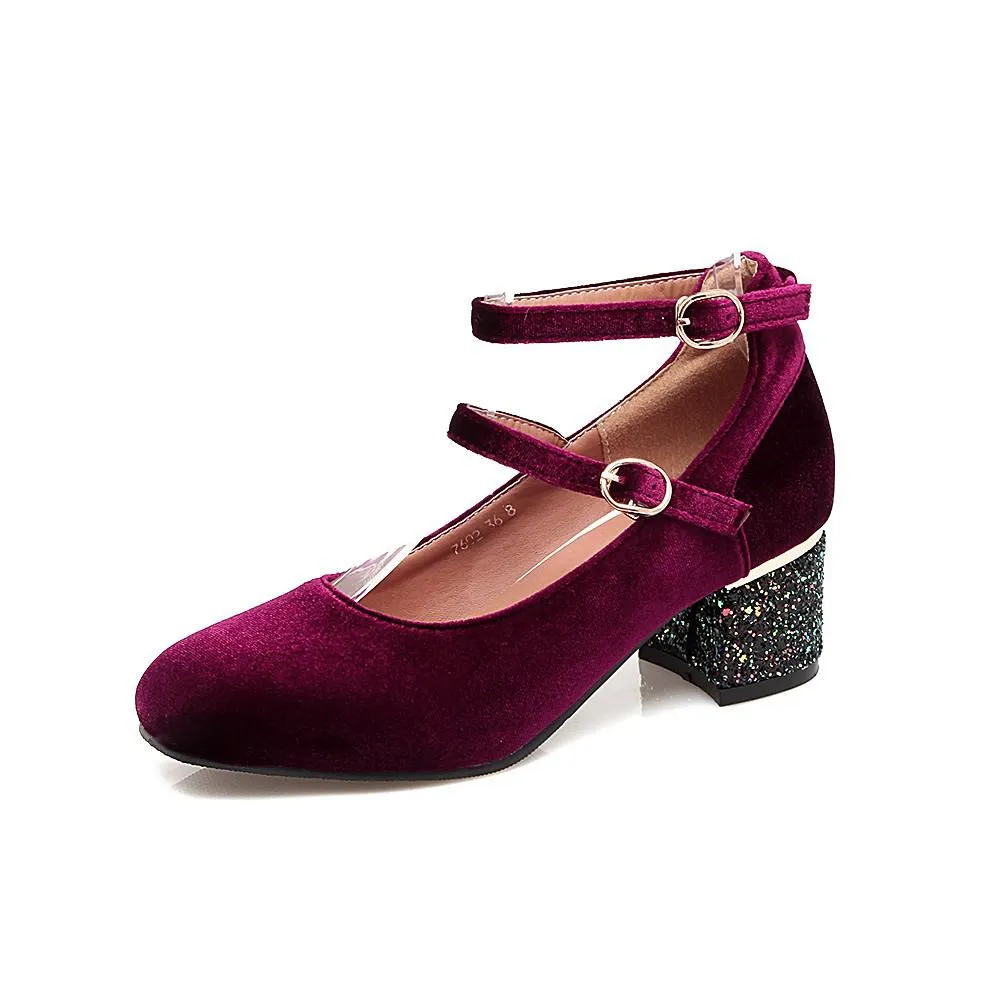 Elin Sequined Heel Mary Jane Velvet Pump - 3 Colors.