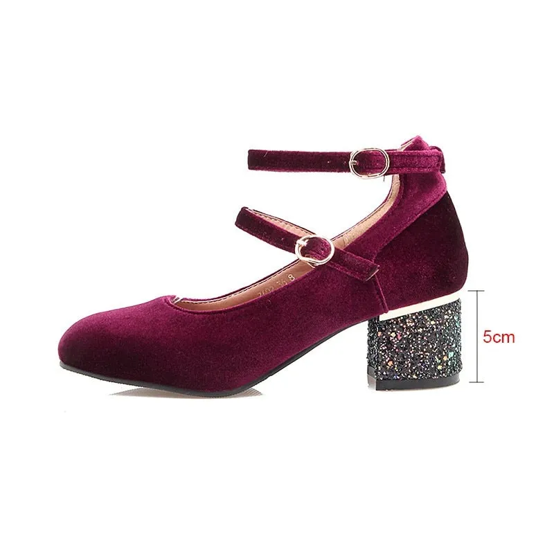 Elin Sequined Heel Mary Jane Velvet Pump - 3 Colors.