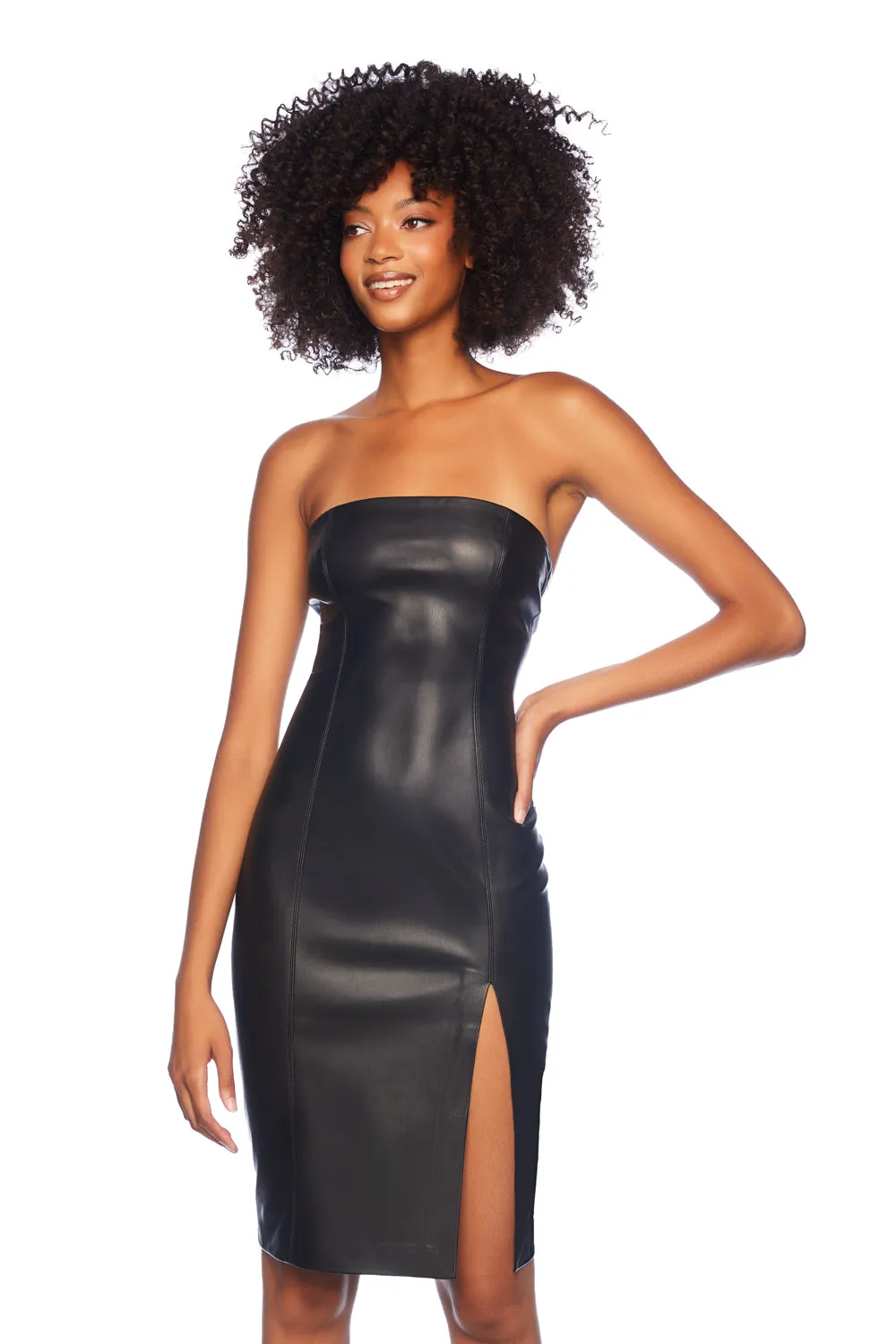 faux leather tube slit dress