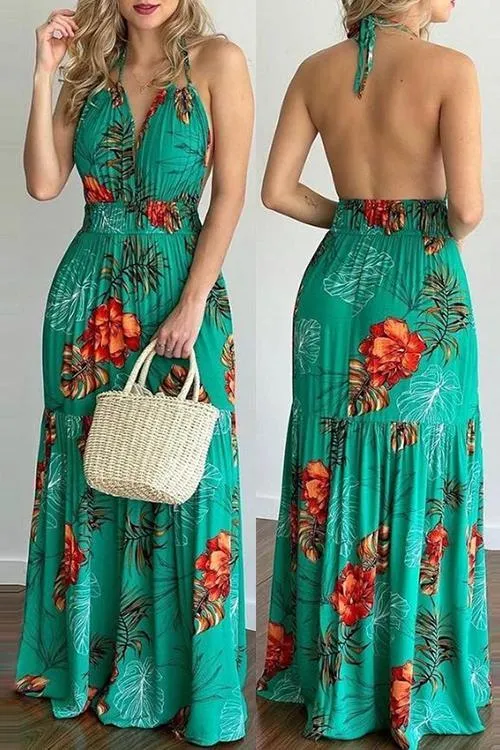 Floral Print Backless Slip Maxi Dress