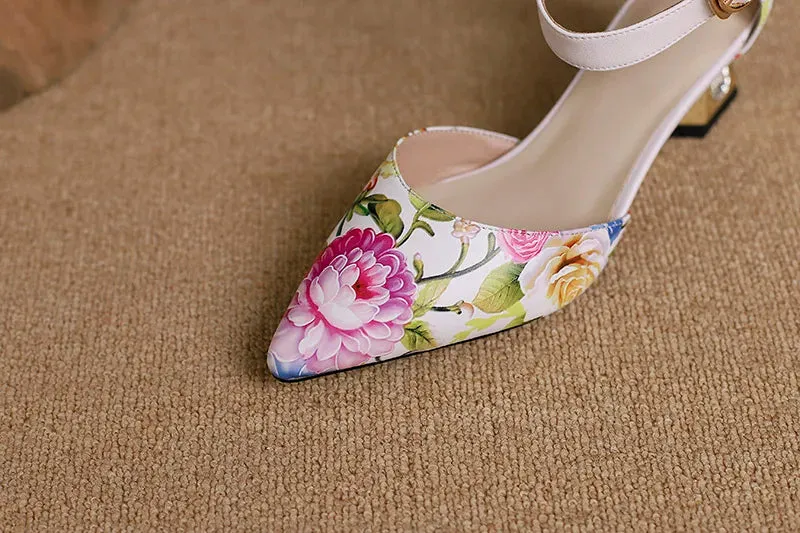 Flower Print Pointed Toe Mid Heel Pumps