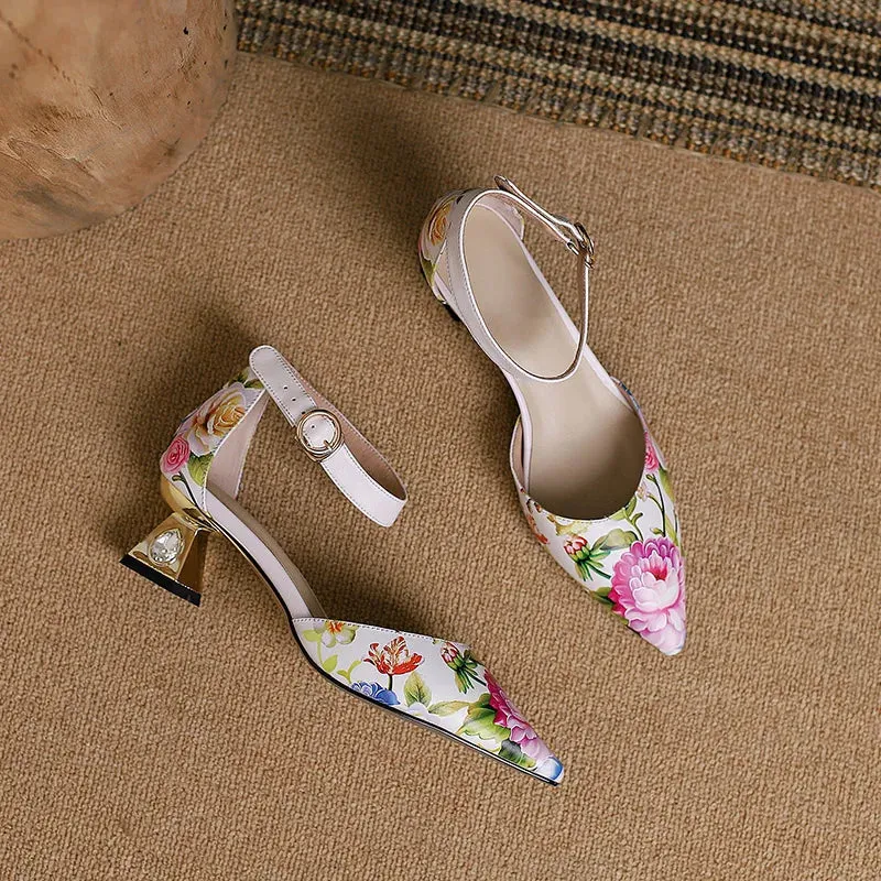 Flower Print Pointed Toe Mid Heel Pumps