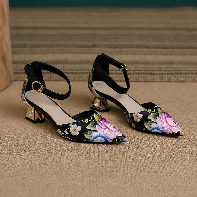 Flower Print Pointed Toe Mid Heel Pumps