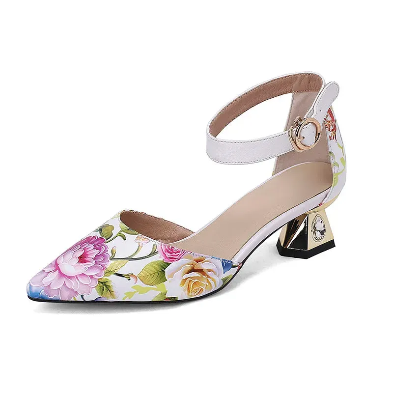 Flower Print Pointed Toe Mid Heel Pumps