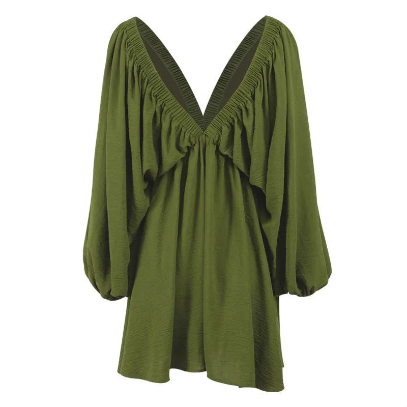 Flowy Textured Ruched Ruffle Deep V Butterfly Sleeve Mini Dress - Green