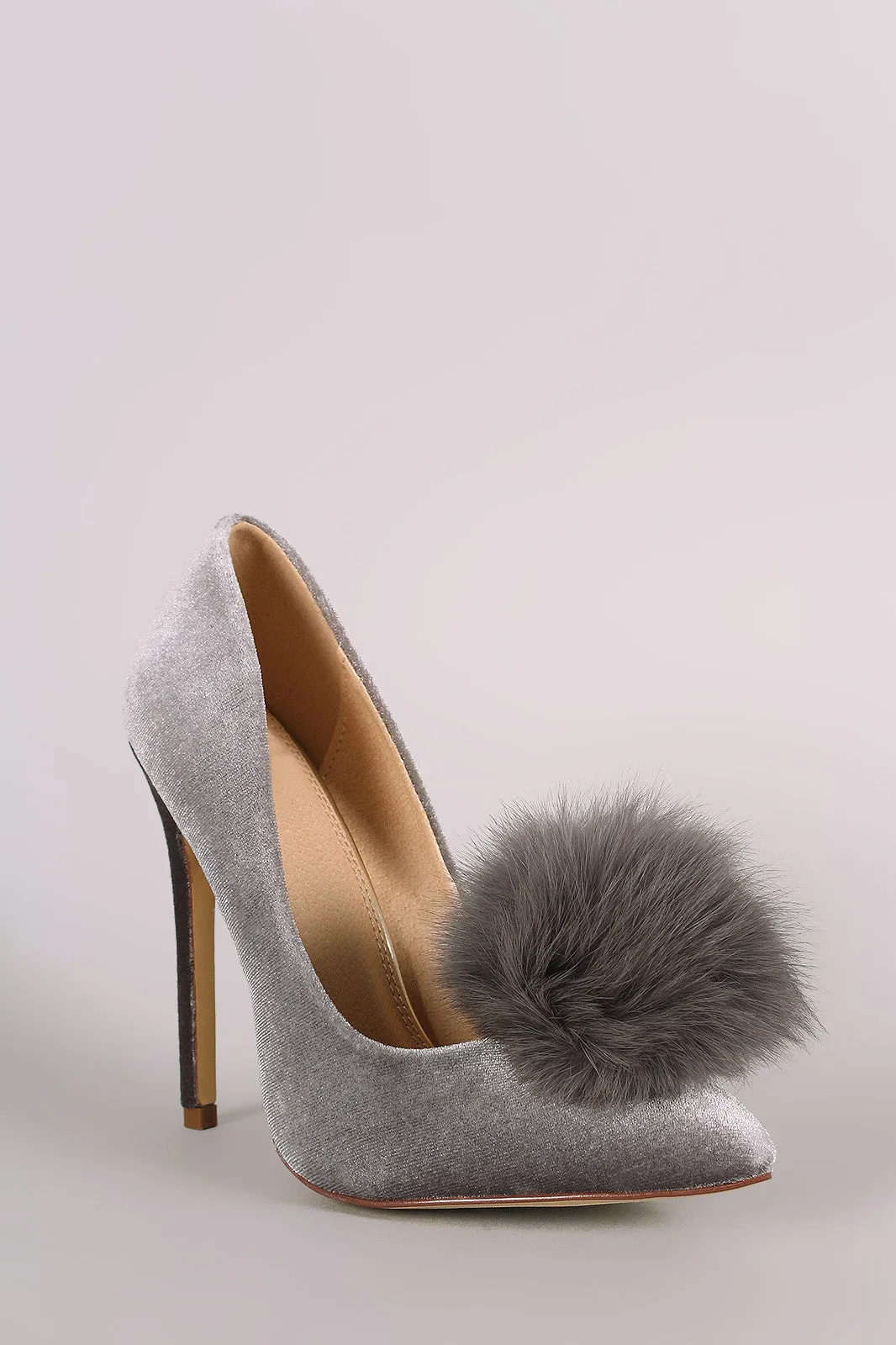 Fur Pom Pom Velvet Pointy Toe Stiletto Pump