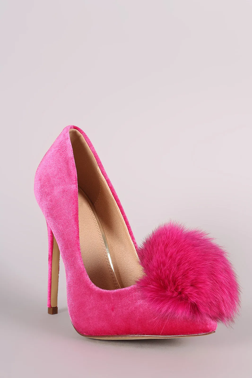 Fur Pom Pom Velvet Pointy Toe Stiletto Pump