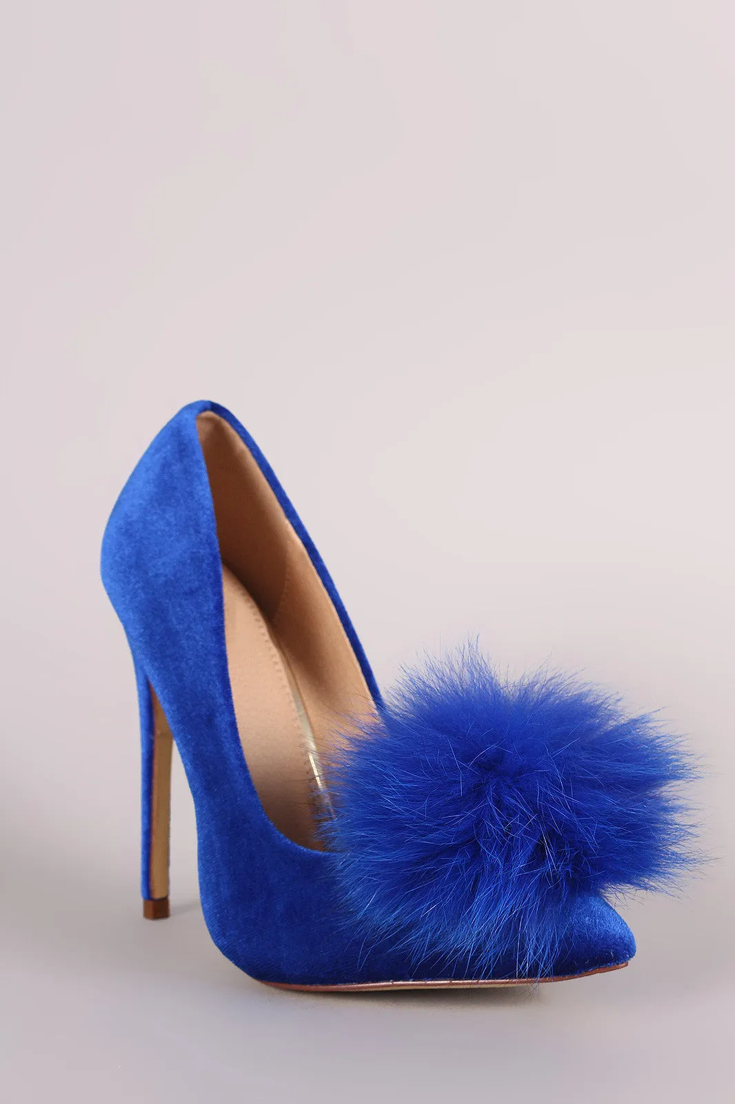 Fur Pom Pom Velvet Pointy Toe Stiletto Pump