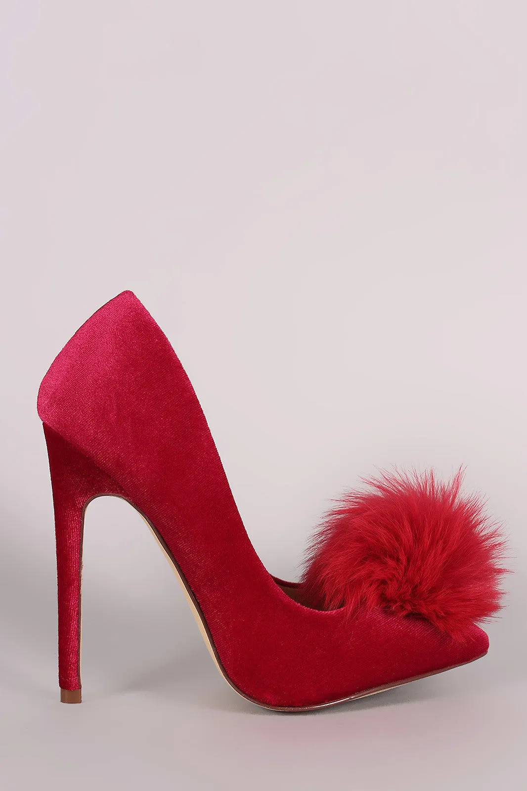 Fur Pom Pom Velvet Pointy Toe Stiletto Pump