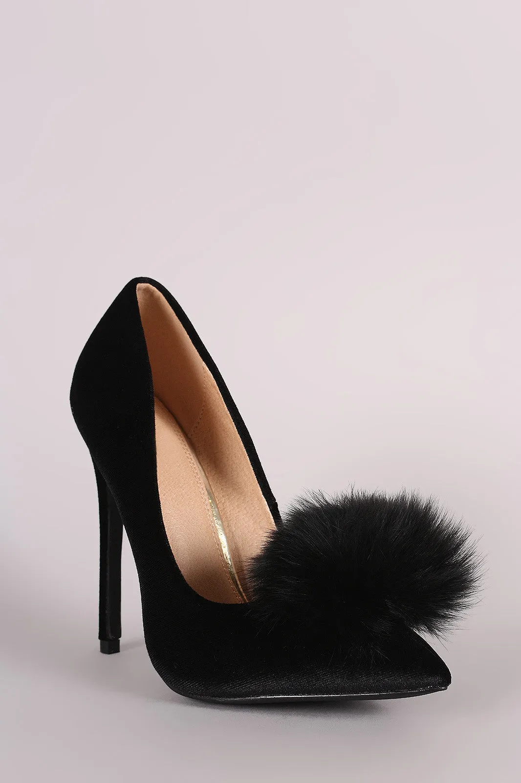 Fur Pom Pom Velvet Pointy Toe Stiletto Pump