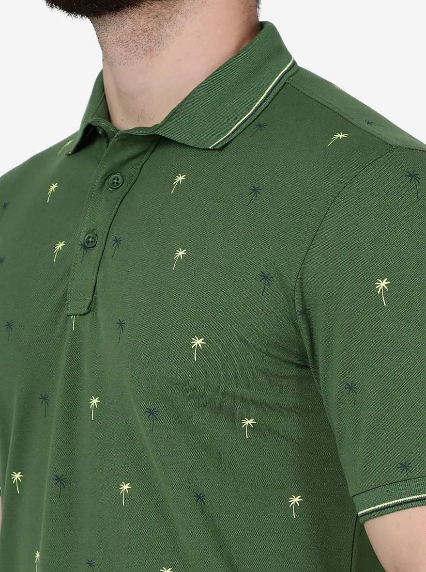 Garden Green Printed Slim Fit Polo T-Shirt | JadeBlue