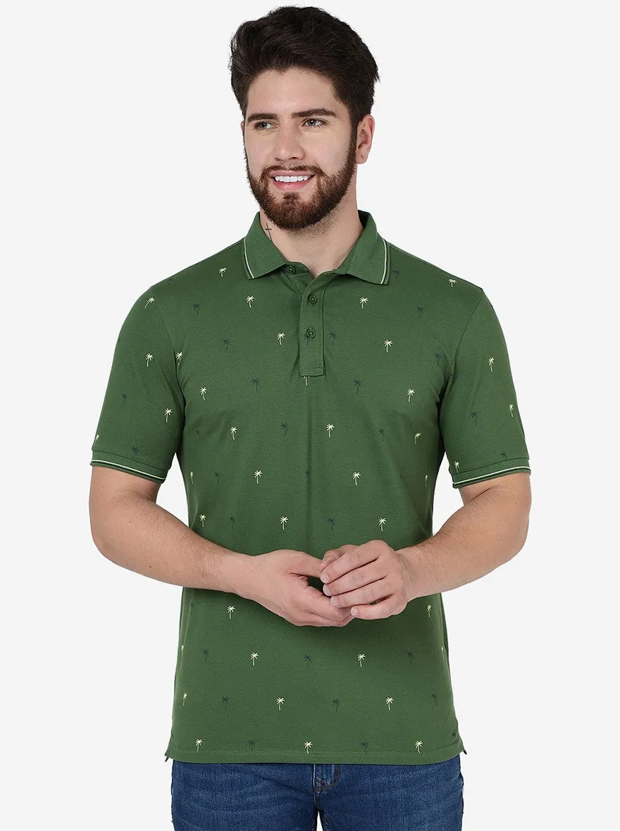 Garden Green Printed Slim Fit Polo T-Shirt | JadeBlue