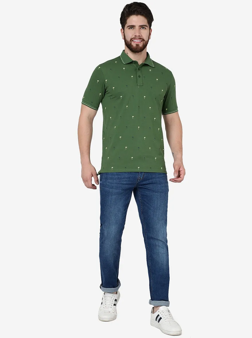 Garden Green Printed Slim Fit Polo T-Shirt | JadeBlue