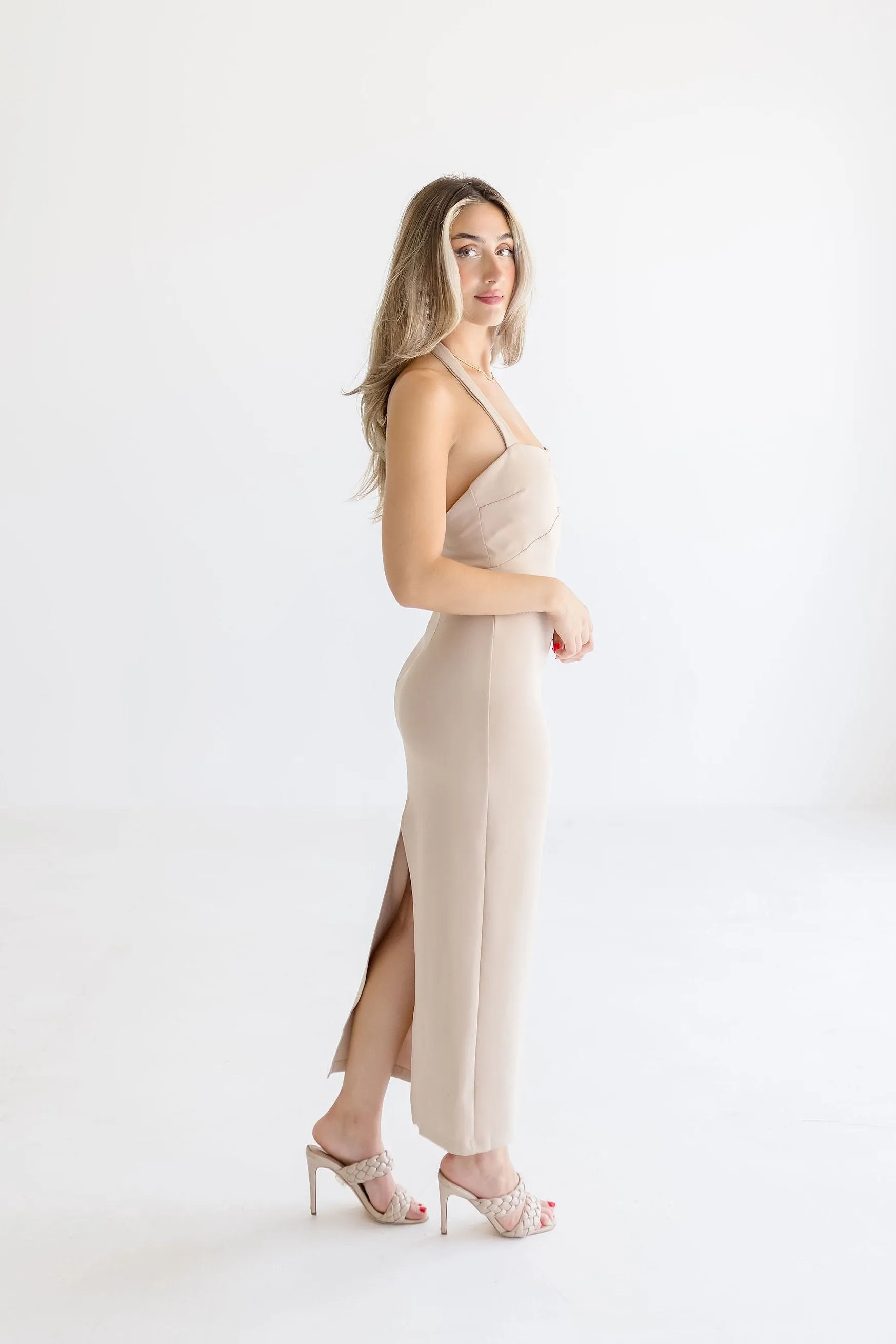 Gigi Sleeveless Halter Maxi Dress Beige