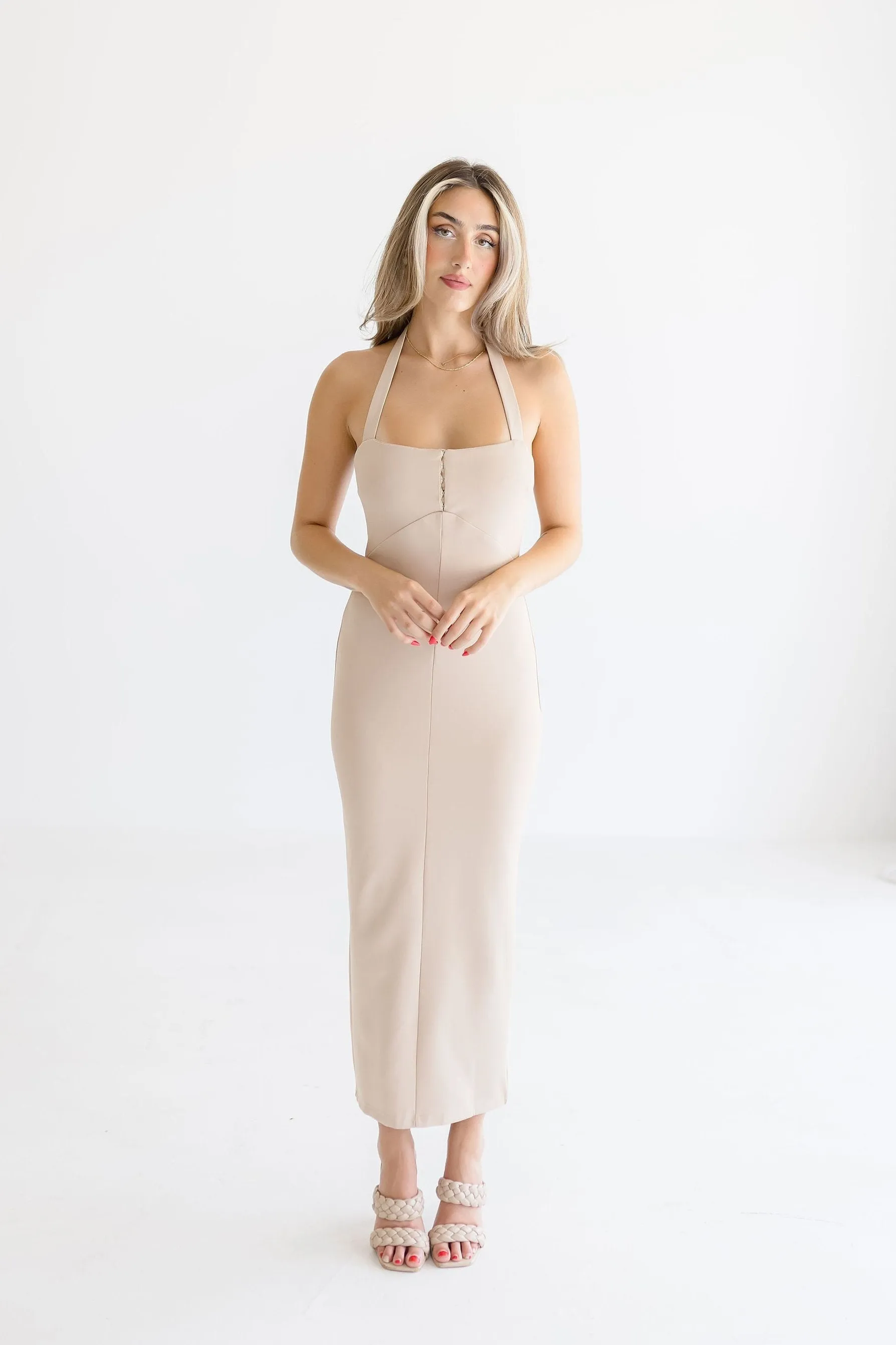 Gigi Sleeveless Halter Maxi Dress Beige