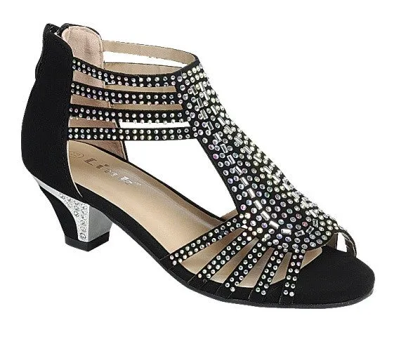 Girl's Strappy Open Toe Rhinestone Glitter Low Heels Sandals(Black)