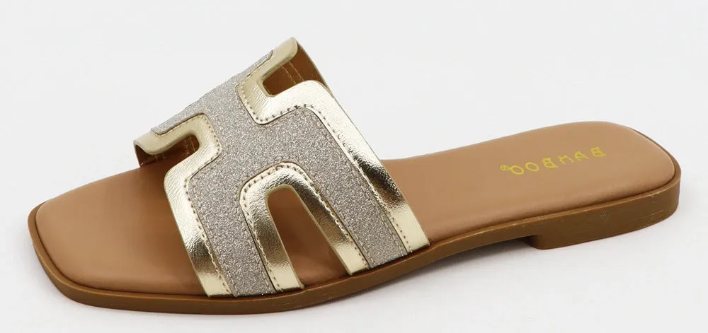 Glitter H Strap Slide Flat Sandals in Gold