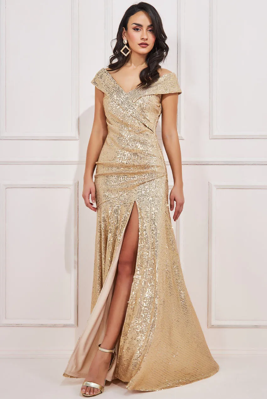 Goddiva Bardot Sequin Pleated Maxi Dress