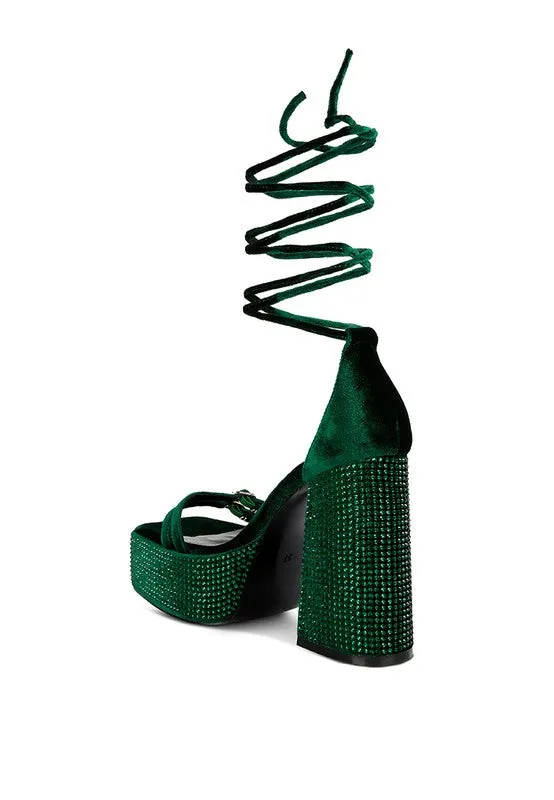 Green Firecrown High Platform Diamante Lace Up Sandals