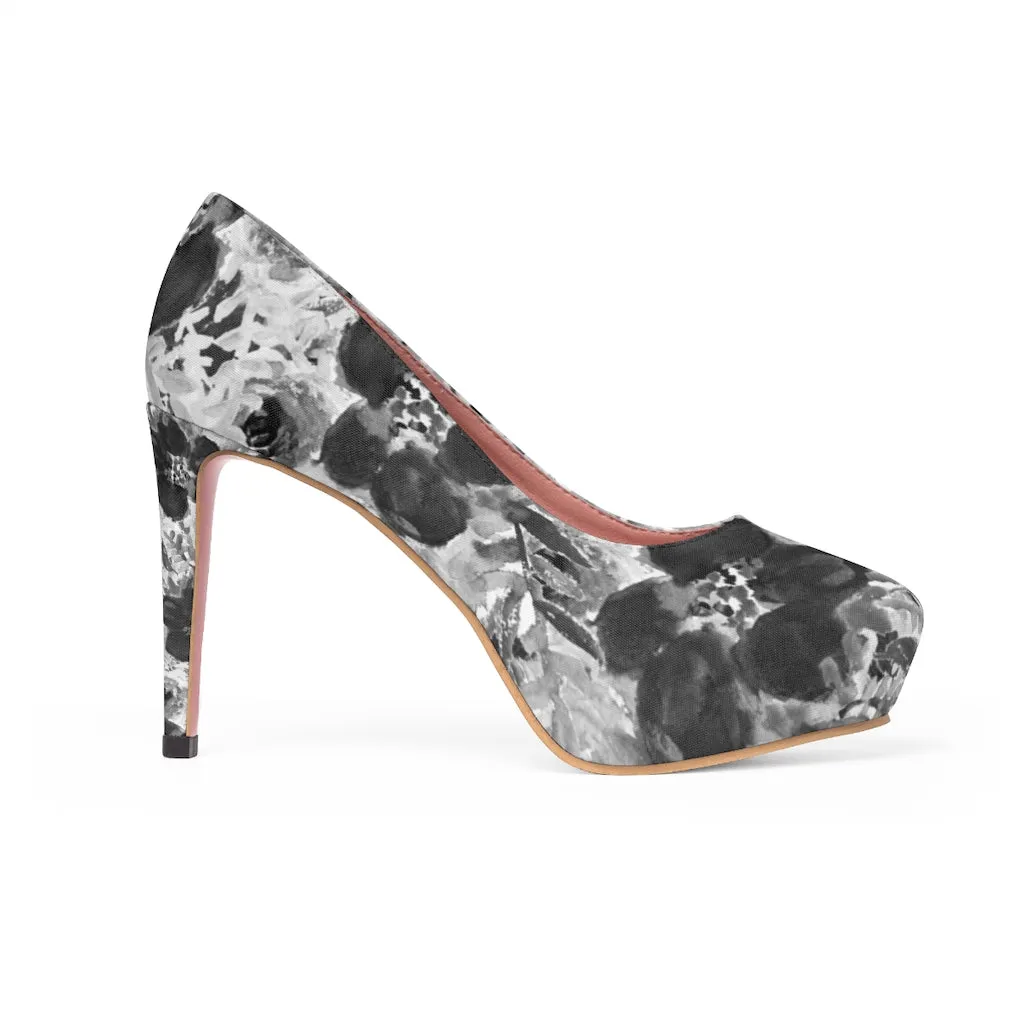 Grey Floral Women's Platform Heels, Mixed Abstract Flower Print 4 inch Shoes(US Size: 5-11)