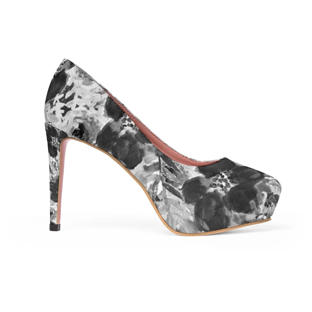 Grey Floral Women's Platform Heels, Mixed Abstract Flower Print 4 inch Shoes(US Size: 5-11)