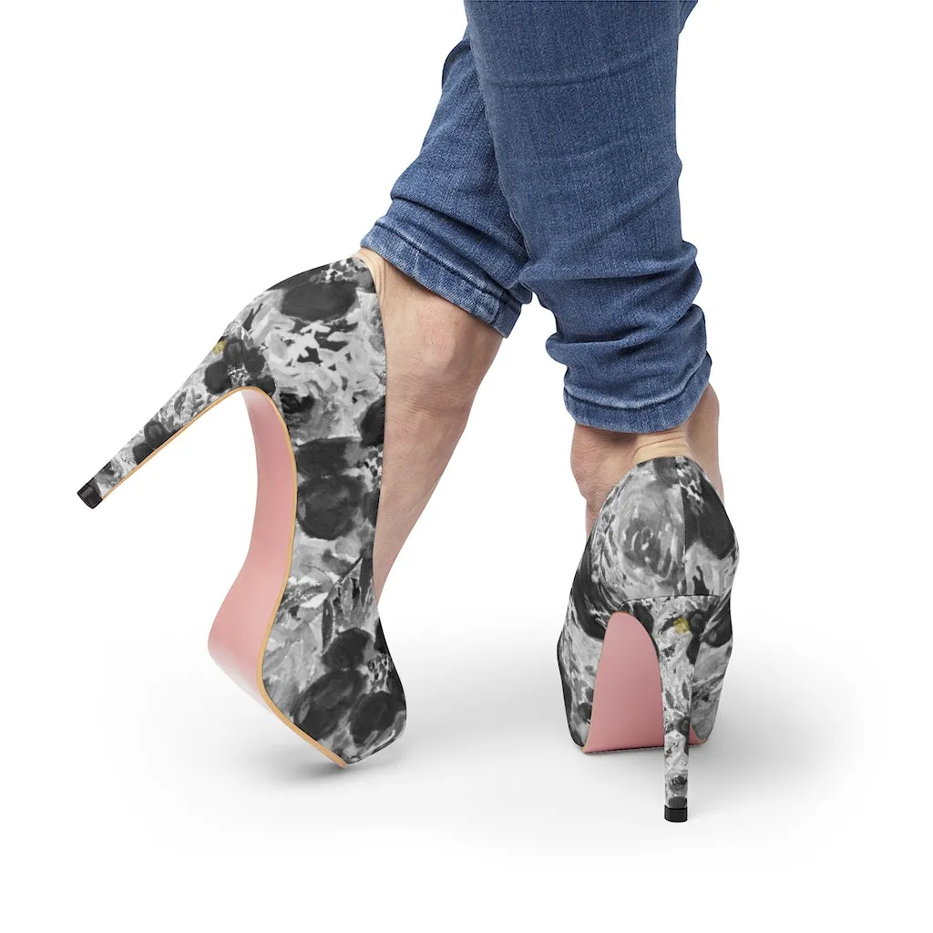 Grey Floral Women's Platform Heels, Mixed Abstract Flower Print 4 inch Shoes(US Size: 5-11)