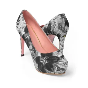 Grey Floral Women's Platform Heels, Mixed Abstract Flower Print 4 inch Shoes(US Size: 5-11)