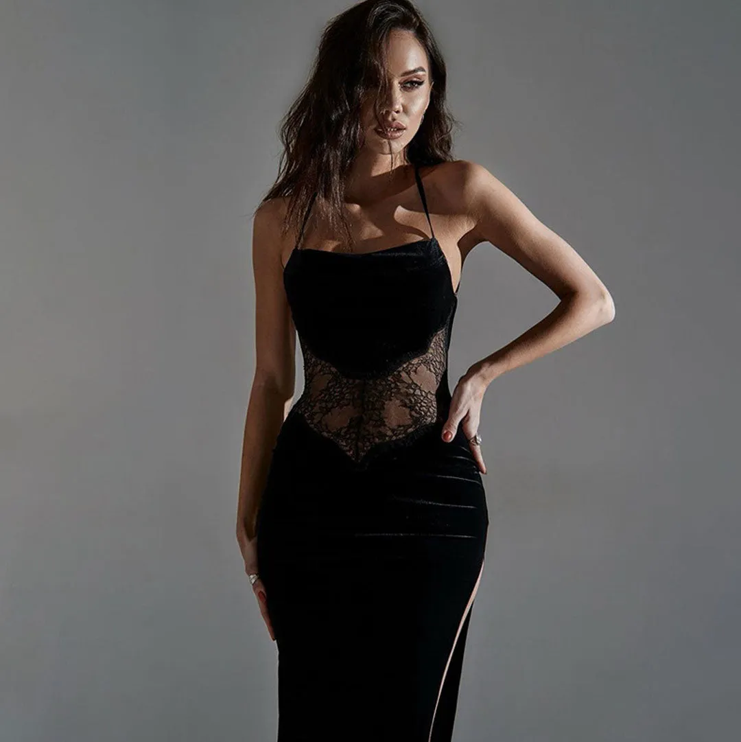 Groovy High Split Floral Velvet Lace Slip Maxi Dress - Black