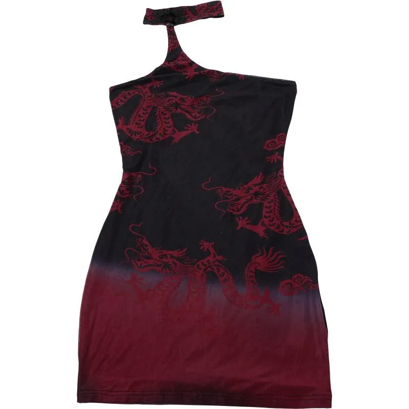 Halter Mini Dress With Dragon Graphics