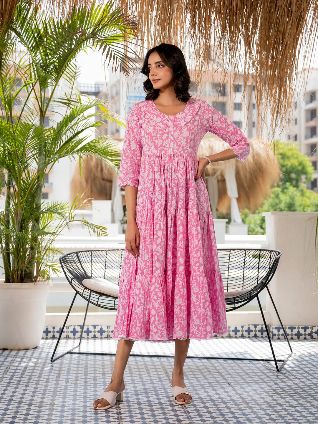 Jashvi Pink Floral Printed Collar Neck Calf length Cotton dress for Women