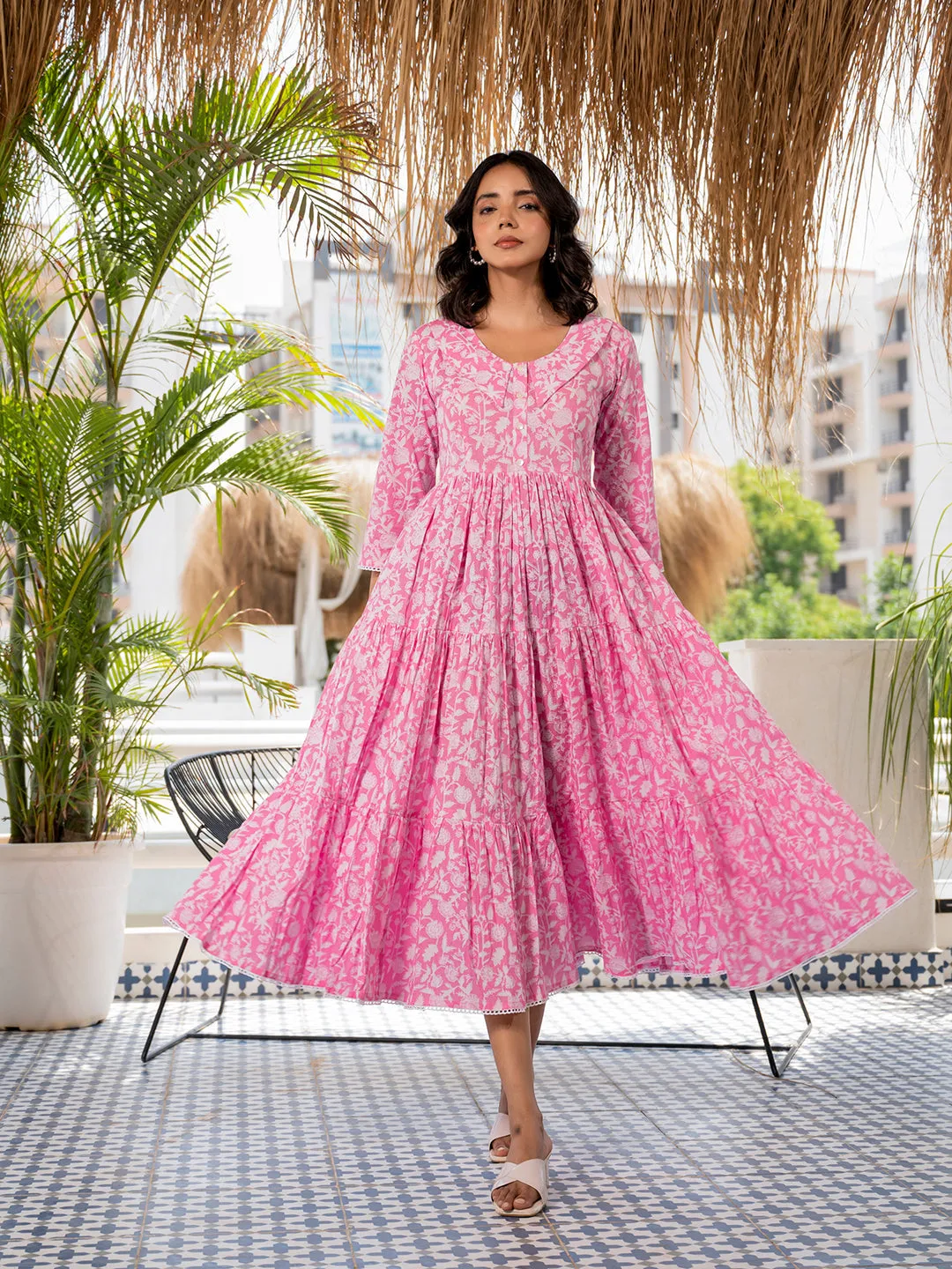 Jashvi Pink Floral Printed Collar Neck Calf length Cotton dress for Women