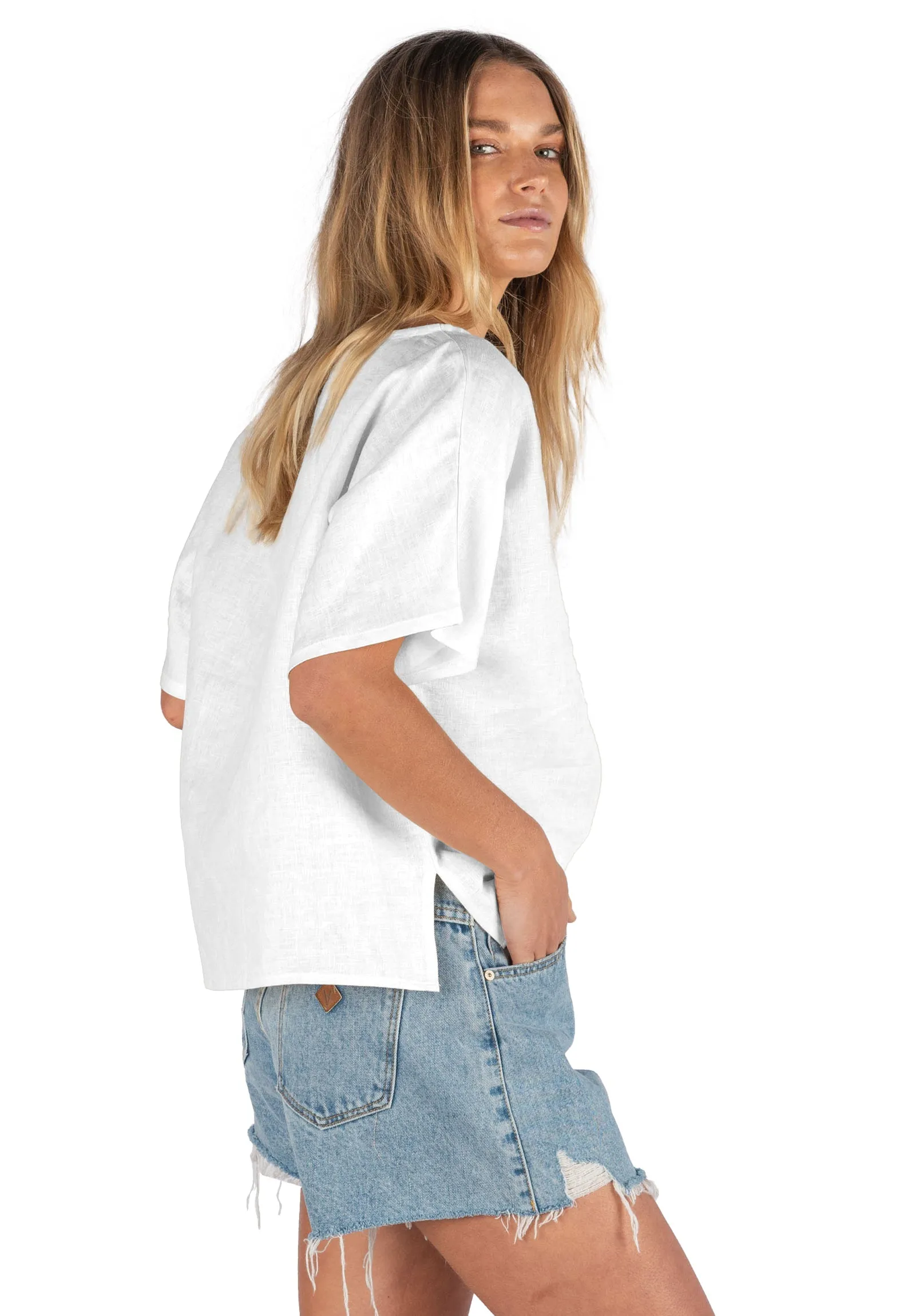 Kaori White Kimono Sleeve Linen Top