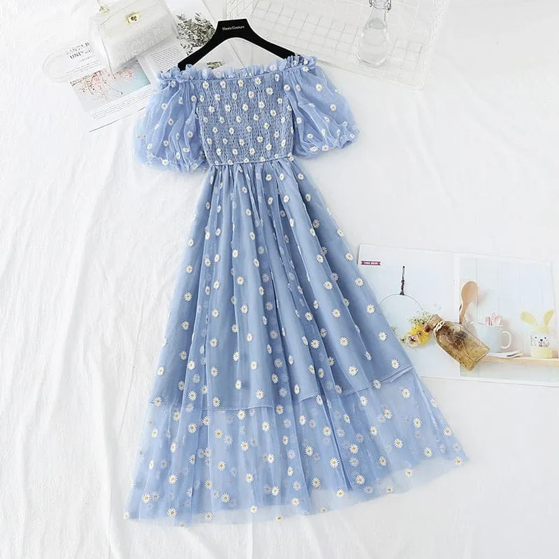 Kawaii Daisy Puff Sleeve Summer Dress - S - XL