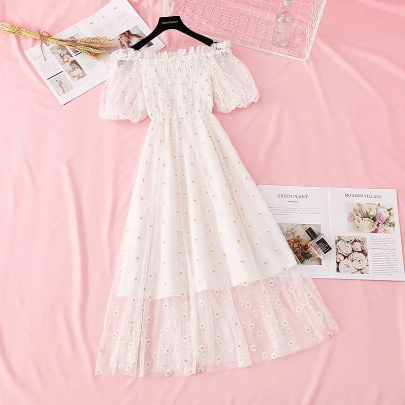 Kawaii Daisy Puff Sleeve Summer Dress - S - XL