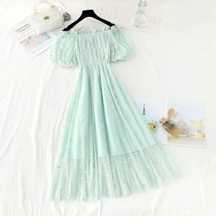 Kawaii Daisy Puff Sleeve Summer Dress - S - XL