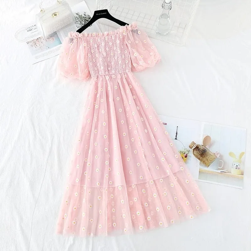 Kawaii Daisy Puff Sleeve Summer Dress - S - XL