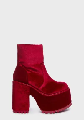 Krush Velvet Platform Boots - Red