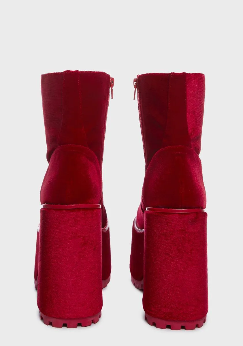 Krush Velvet Platform Boots - Red