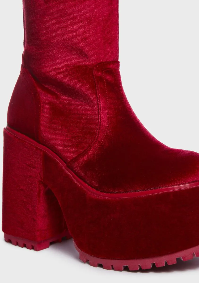 Krush Velvet Platform Boots - Red