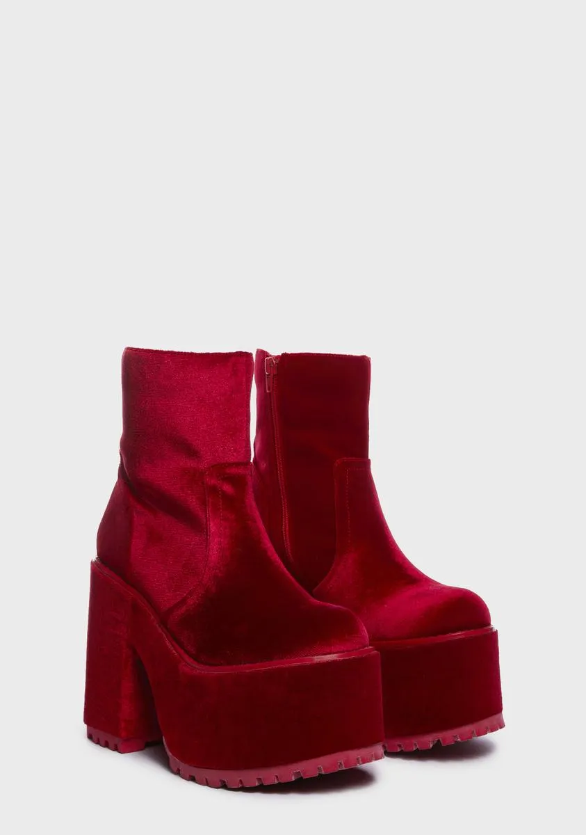 Krush Velvet Platform Boots - Red