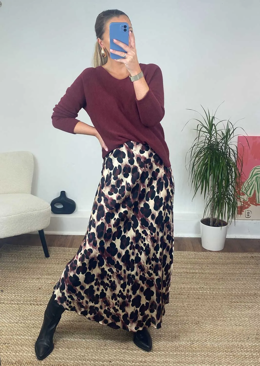 Kyra Silk Leopard Skirt in Burgundy