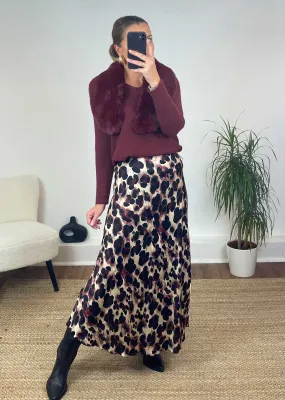 Kyra Silk Leopard Skirt in Burgundy